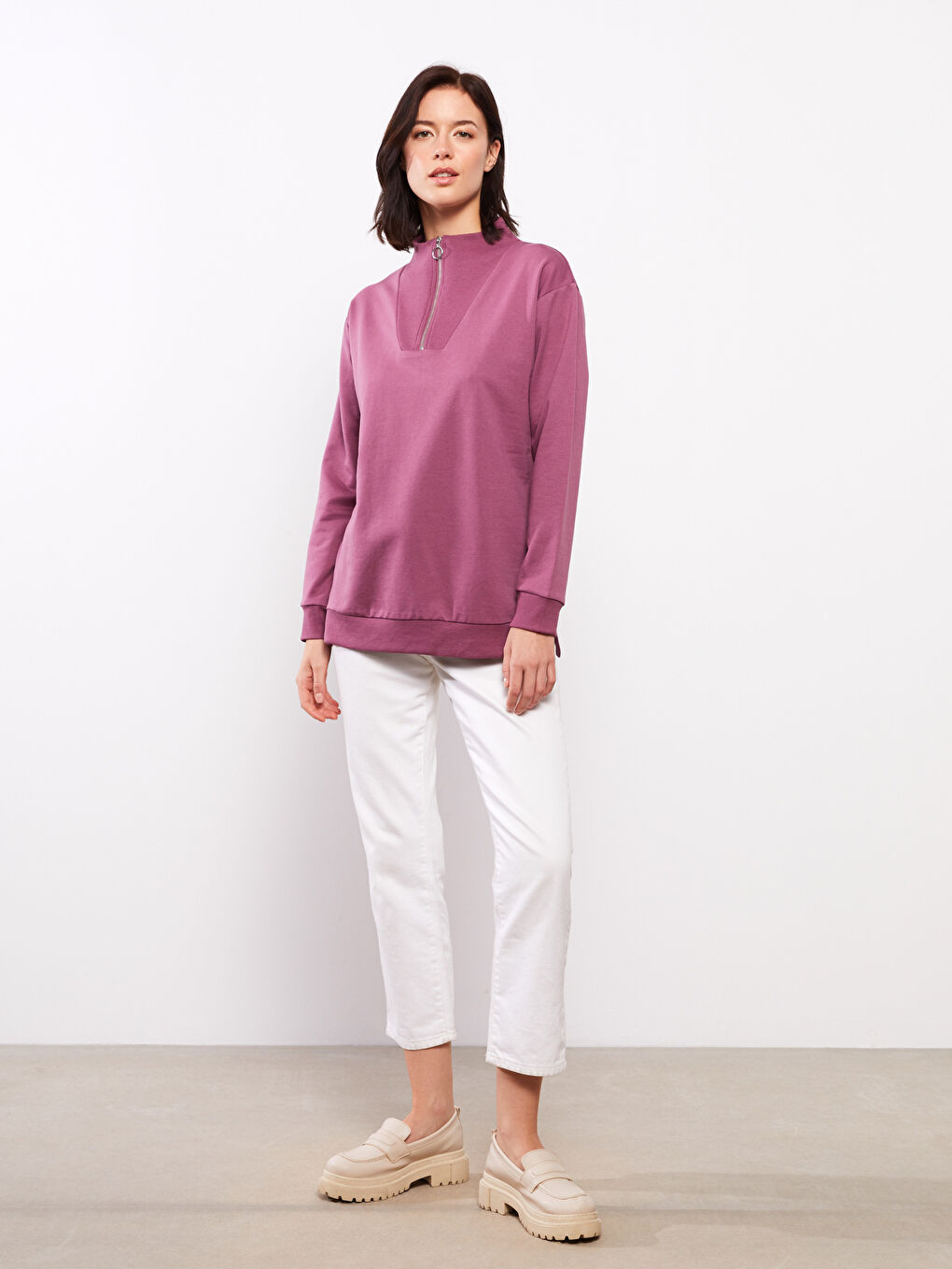 Funnel Neck Plain Long Sleeve Women's Sweatshirt-1