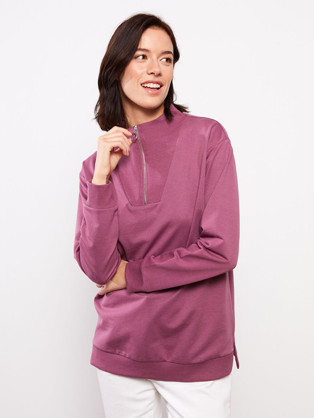 Funnel Neck Plain Long Sleeve Women's Sweatshirt-2