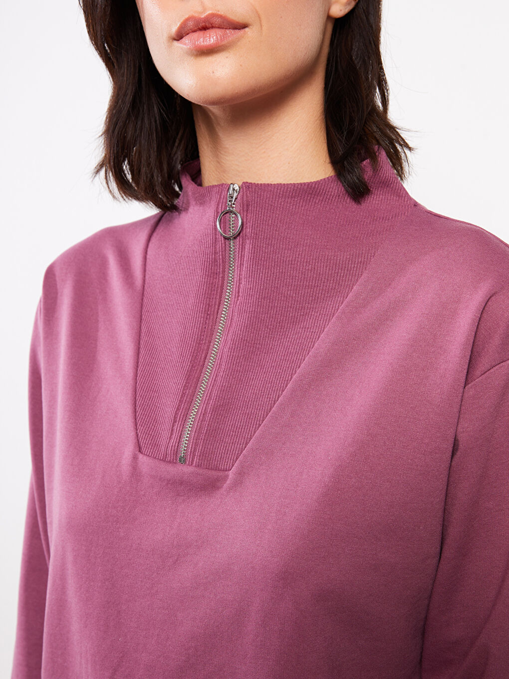 Funnel Neck Plain Long Sleeve Women's Sweatshirt-3
