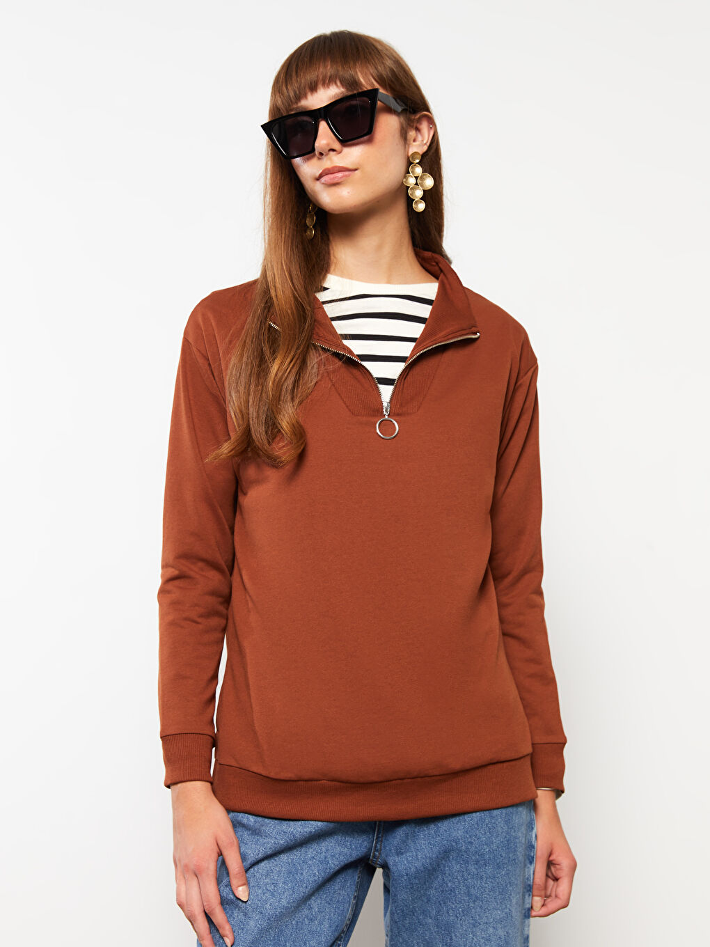Funnel Neck Plain Long Sleeve Women's Sweatshirt