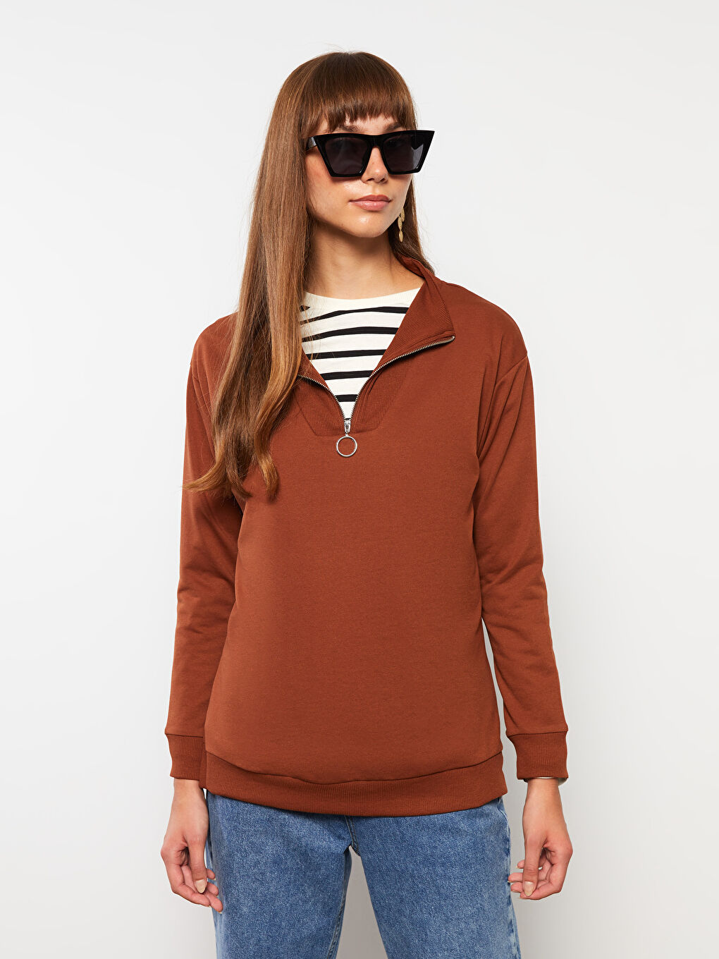 Funnel Neck Plain Long Sleeve Women's Sweatshirt-1