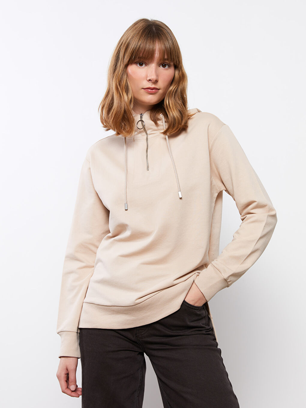 Bej Kapüşonlu Düz Uzun Kollu Kadın Sweatshirt