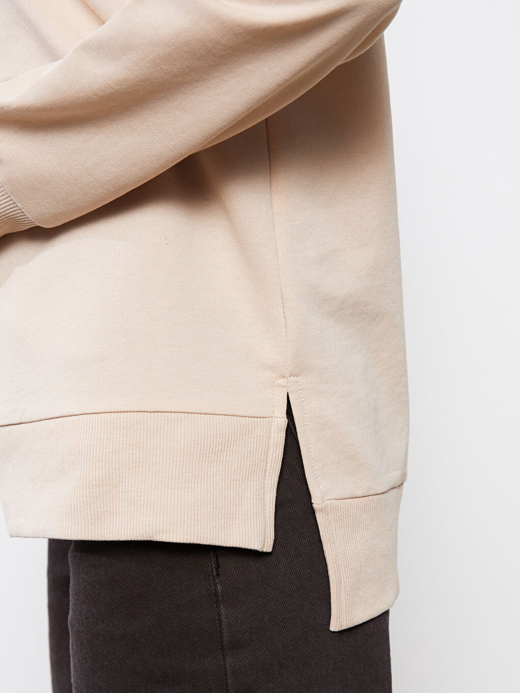 Bej Kapüşonlu Düz Uzun Kollu Kadın Sweatshirt-2