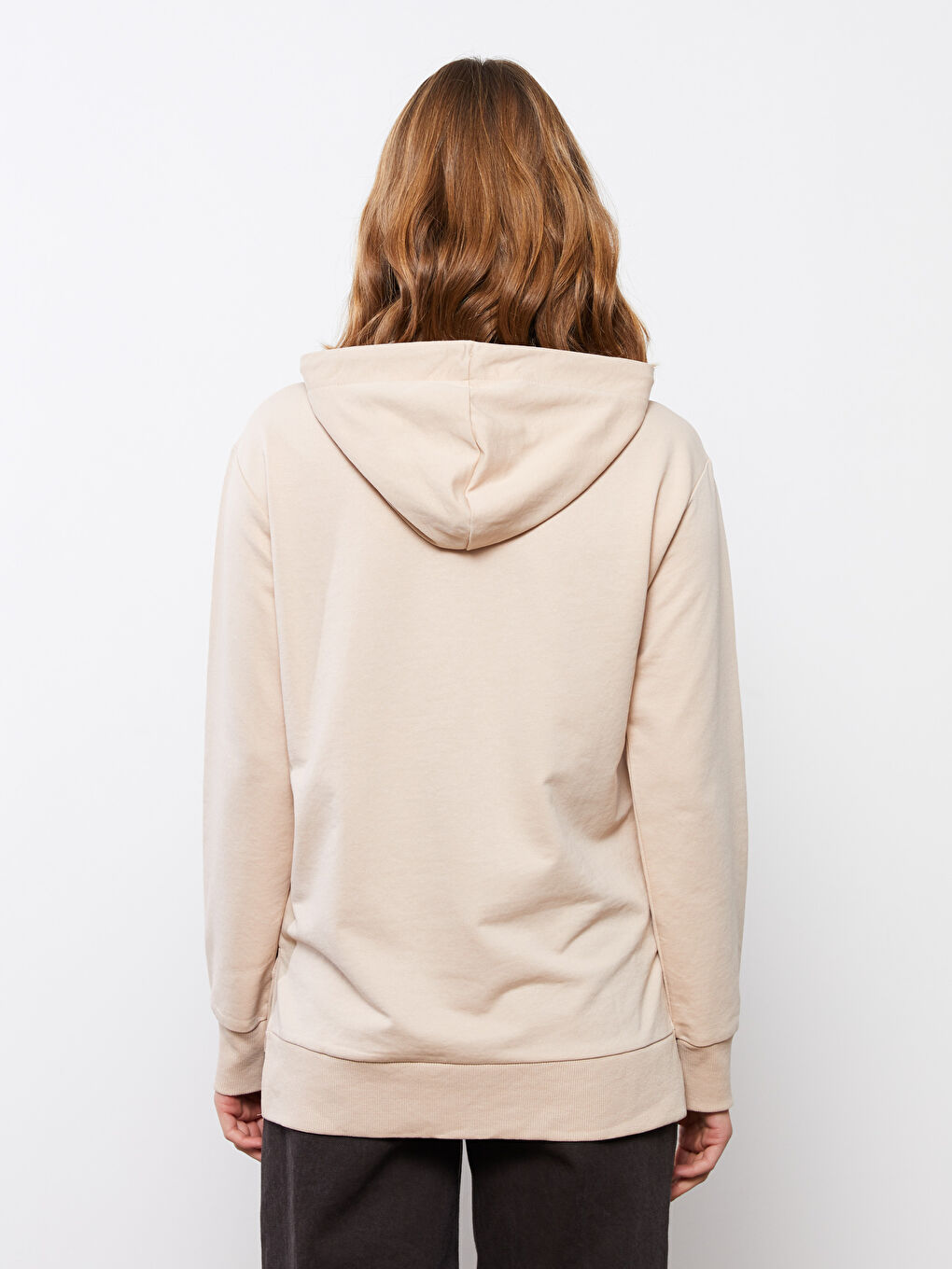 Bej Kapüşonlu Düz Uzun Kollu Kadın Sweatshirt-3