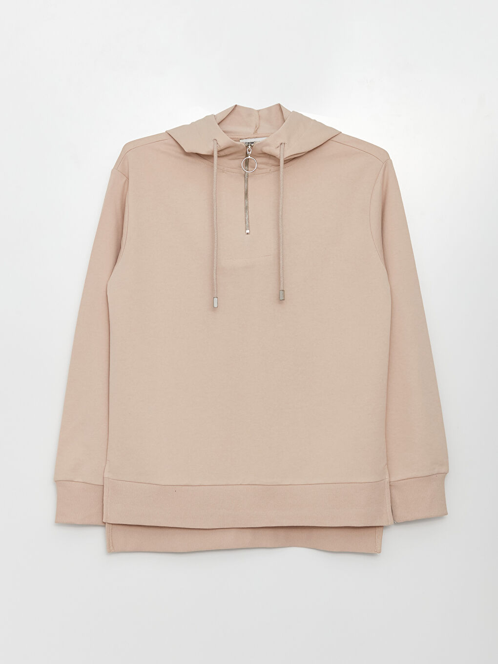 Bej Kapüşonlu Düz Uzun Kollu Kadın Sweatshirt-4