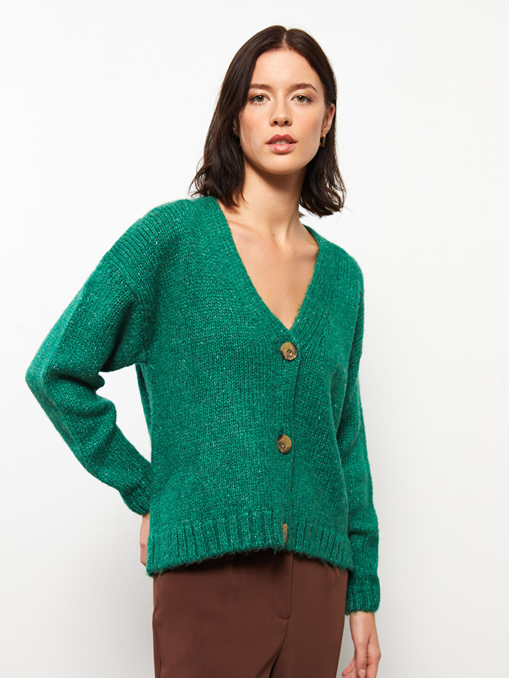 Yeşil V Yaka Kadın Triko Hırka