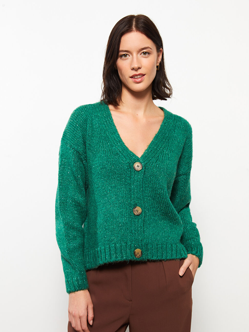 Yeşil V Yaka Kadın Triko Hırka-1