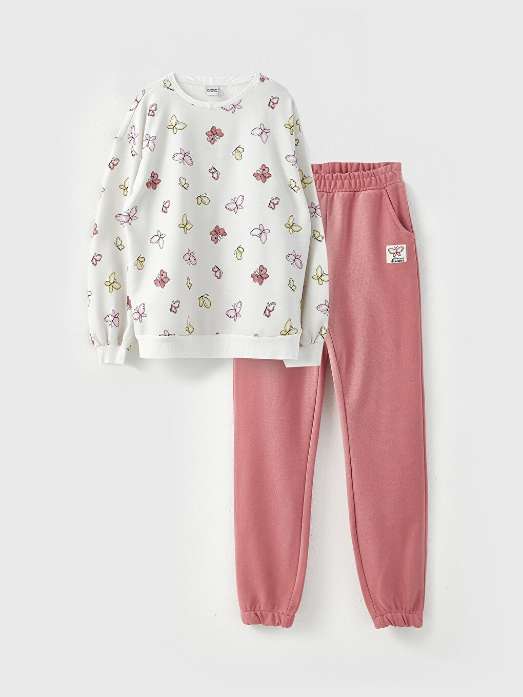 Ekru Bisiklet Yaka Baskılı Uzun Kollu Kız Çocuk Sweatshirt ve Eşofman Altı