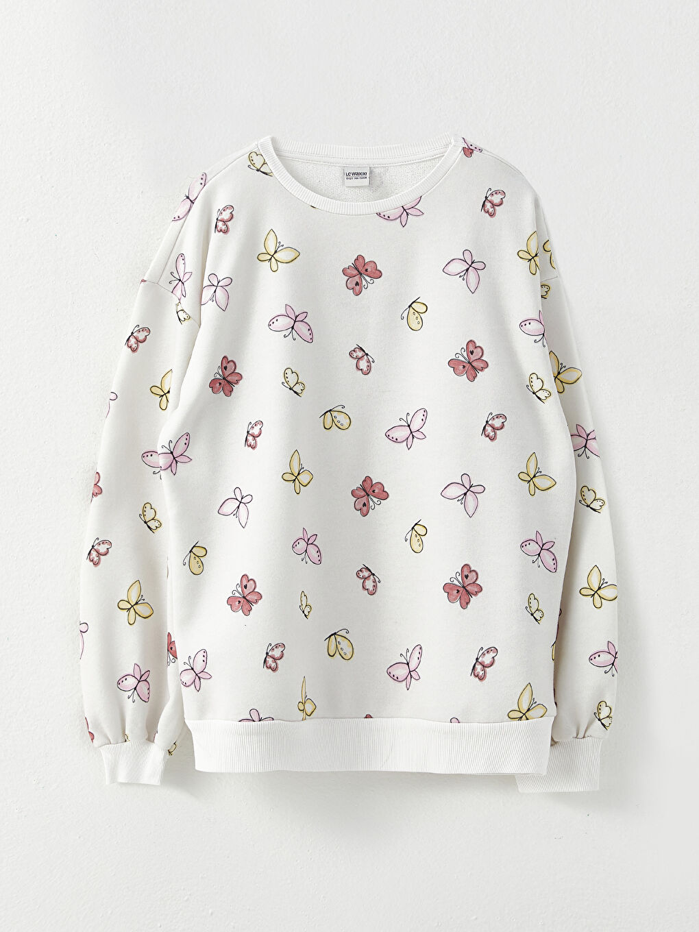 Ekru Bisiklet Yaka Baskılı Uzun Kollu Kız Çocuk Sweatshirt ve Eşofman Altı-1