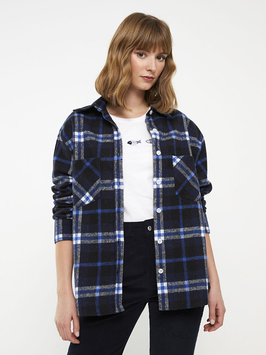 Plaid Long Sleeve Oxford Women's Shirt Jacket-1