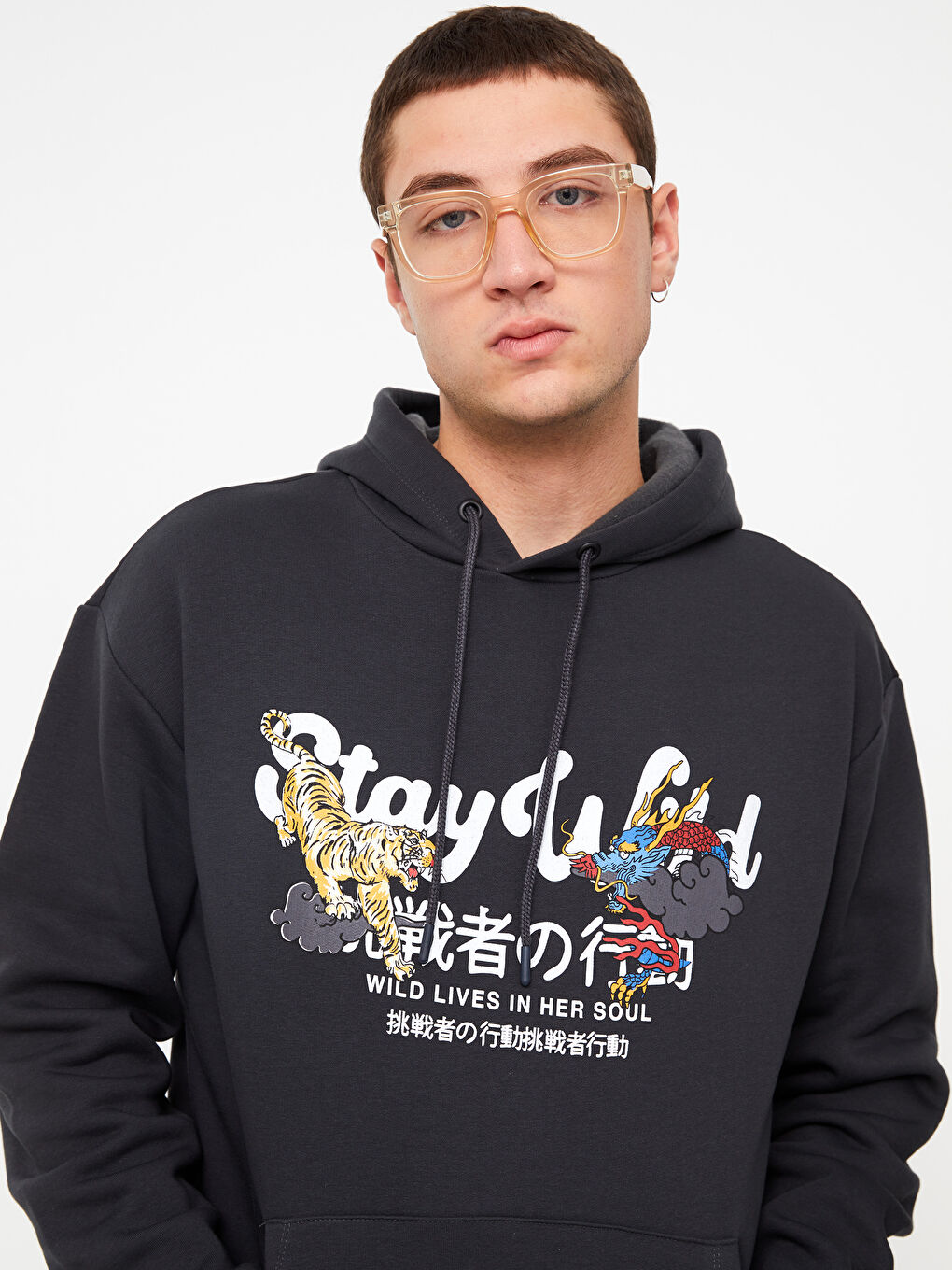 Antrasit Uzun Kollu Baskılı Erkek Kalın Hoodie