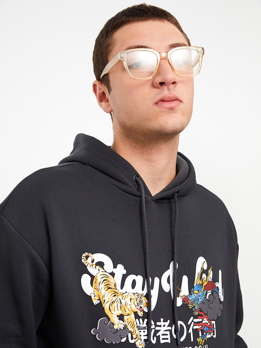 Antrasit Uzun Kollu Baskılı Erkek Kalın Hoodie-2