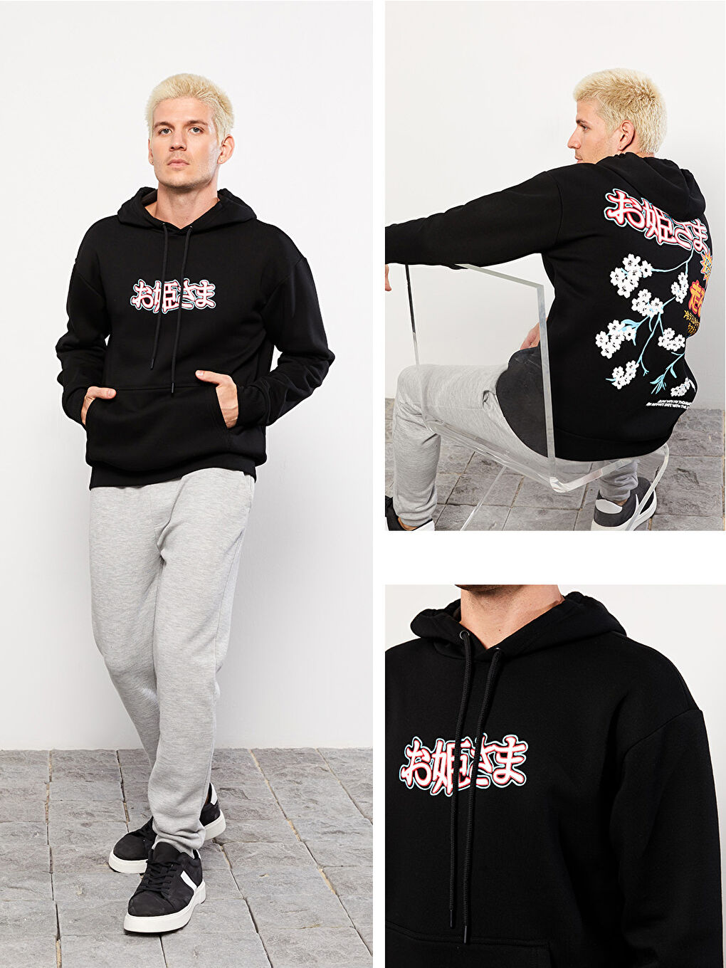 XSIDE Yeni Siyah Oversize Uzun Kollu Baskılı Erkek Hoodie