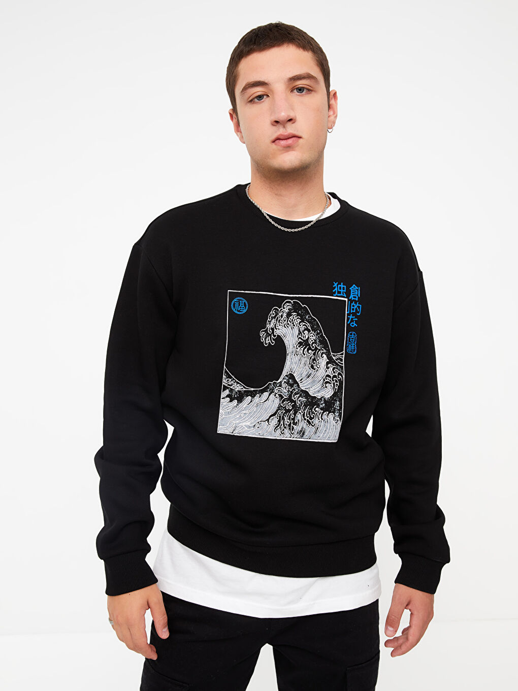 XSIDE Siyah Bisiklet Yaka Uzun Kollu Baskılı Erkek Sweatshirt