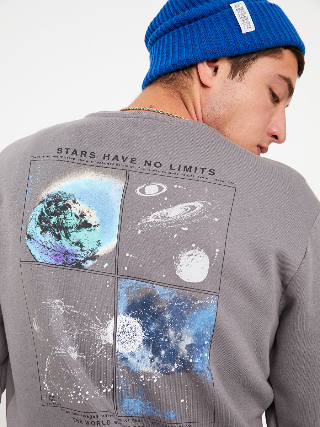 Antrasit Bisiklet Yaka Baskılı Erkek Kalın Sweatshirt