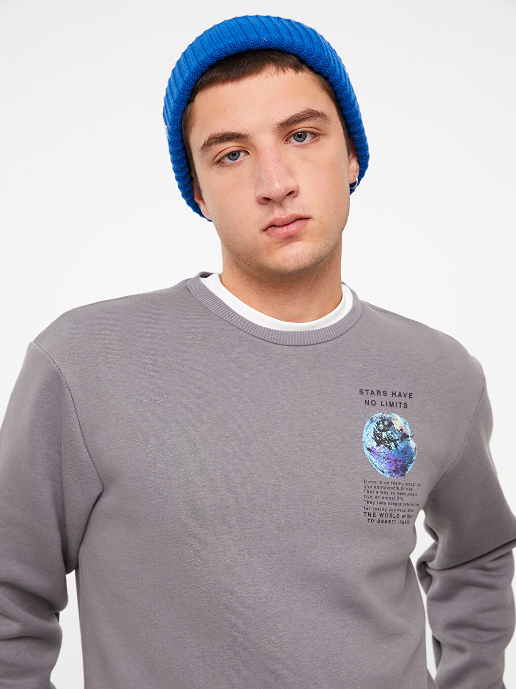 Antrasit Bisiklet Yaka Baskılı Erkek Kalın Sweatshirt-1