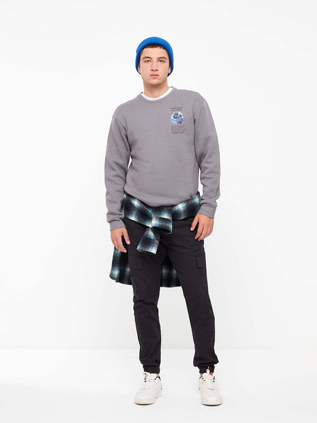 Antrasit Bisiklet Yaka Baskılı Erkek Kalın Sweatshirt-2