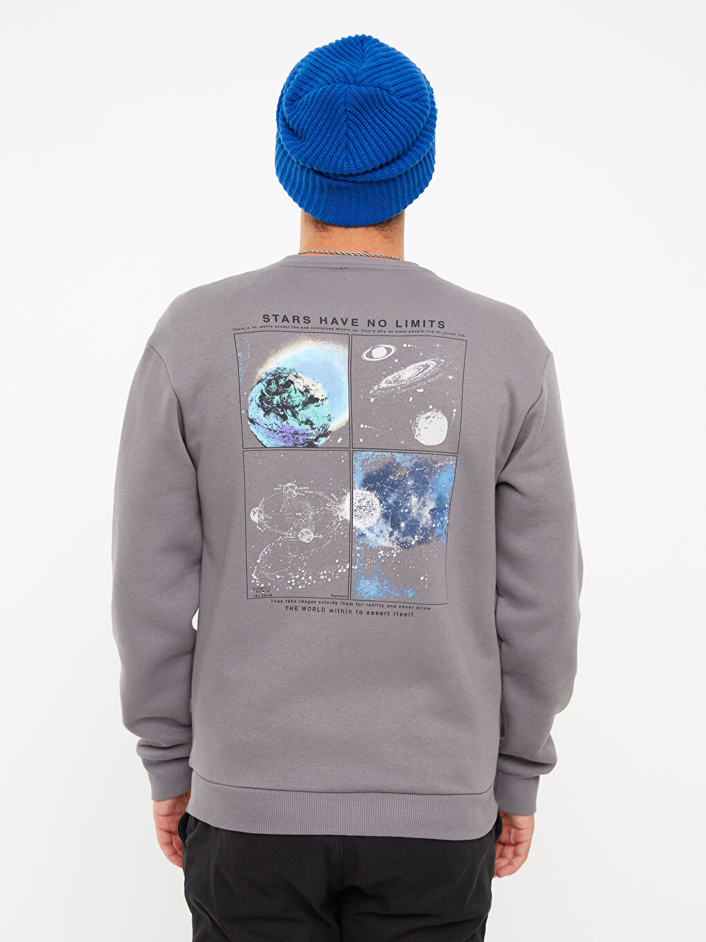 Antrasit Bisiklet Yaka Baskılı Erkek Kalın Sweatshirt-3