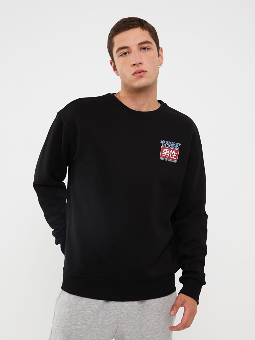 XSIDE Siyah Bisiklet Yaka Uzun Kollu Baskılı Erkek Kalın Sweatshirt - 1