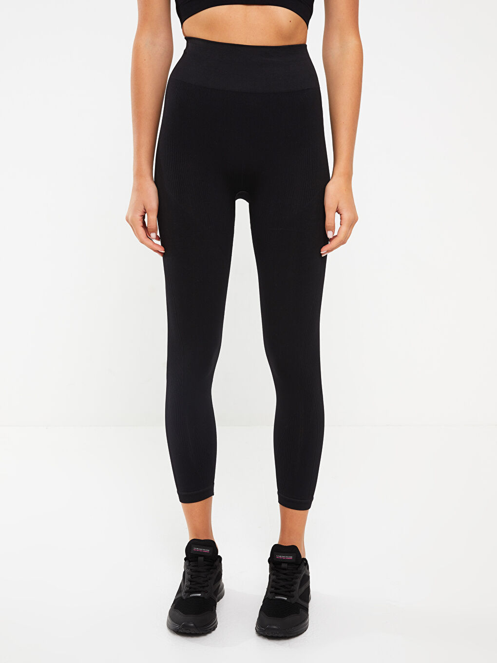 Siyah Kadın Beli Lastikli Düz Tayt-4