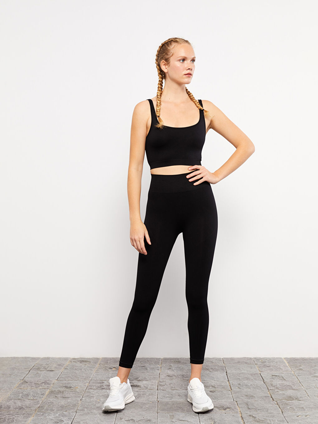 Siyah Kadın Beli Lastikli Düz Tayt-3