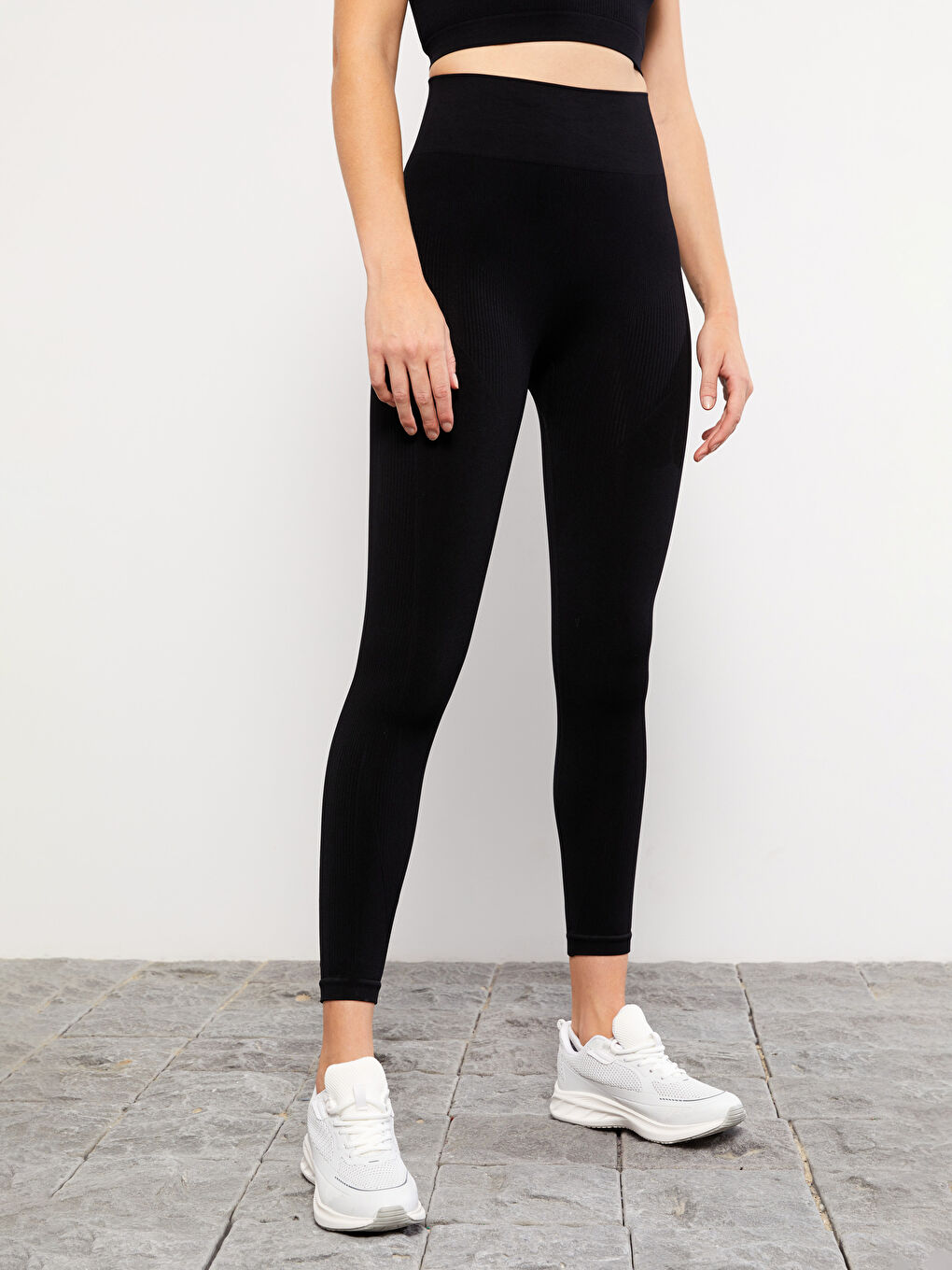 Siyah Kadın Beli Lastikli Düz Tayt-7