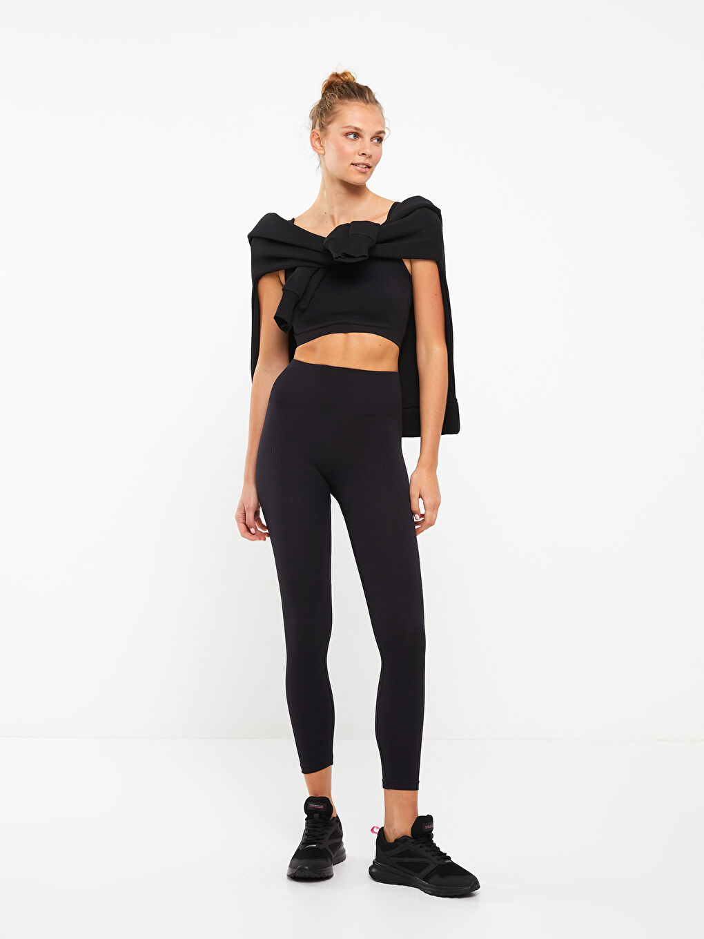 Siyah Kadın Beli Lastikli Düz Tayt-2