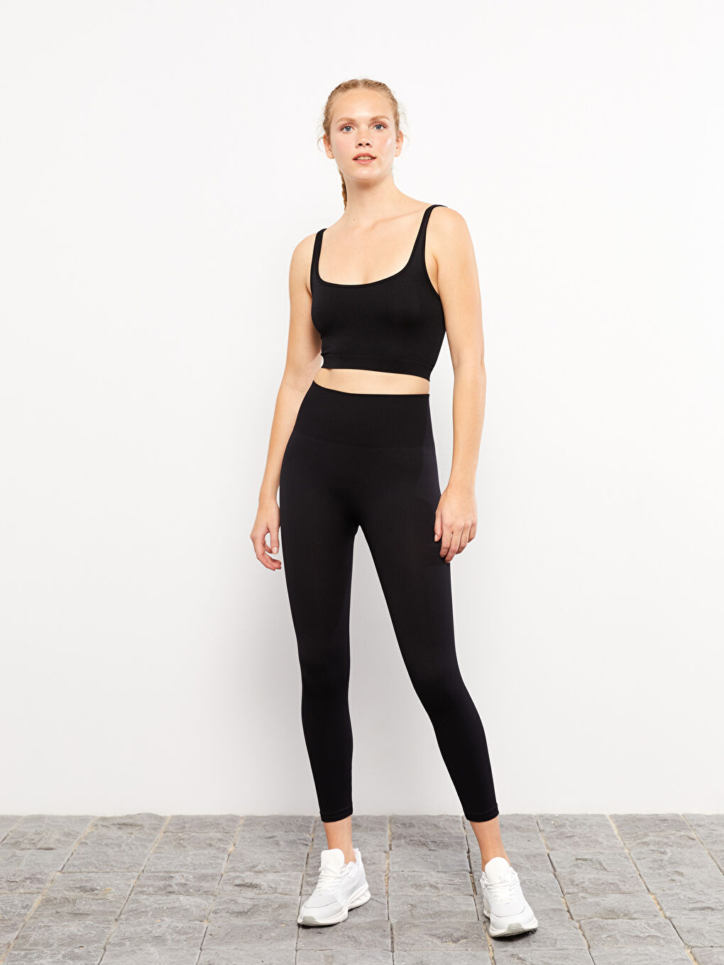 Siyah Kadın Beli Lastikli Düz Tayt-1