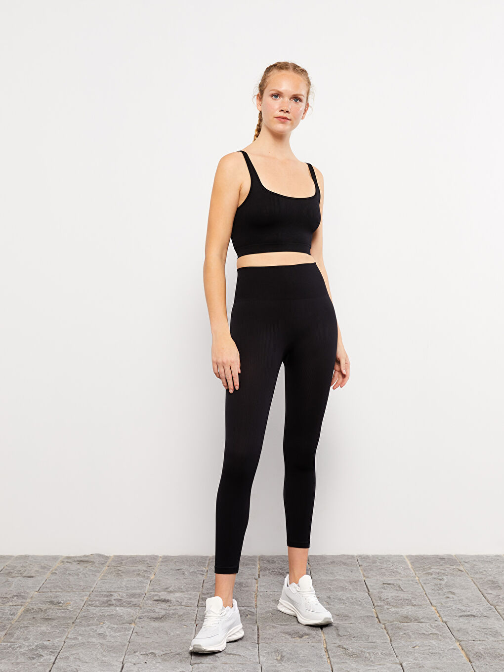 Siyah Kadın Beli Lastikli Düz Tayt-3