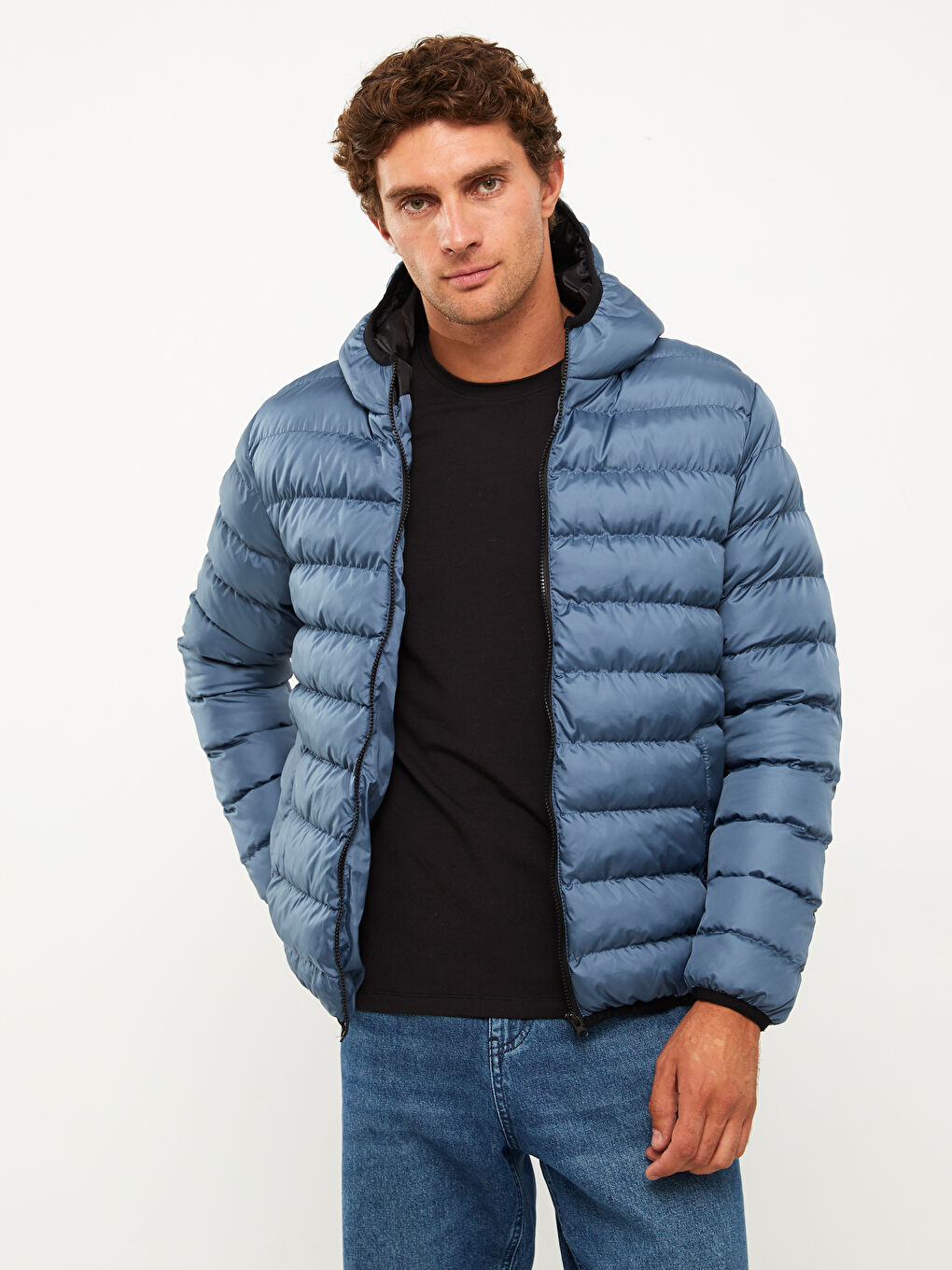 Mavi Standart Kalıp Kapüşonlu Erkek Şişme Mont-1