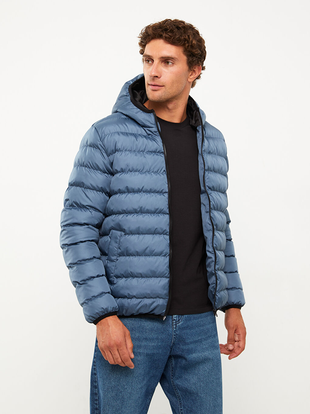 Mavi Standart Kalıp Kapüşonlu Erkek Şişme Mont-2