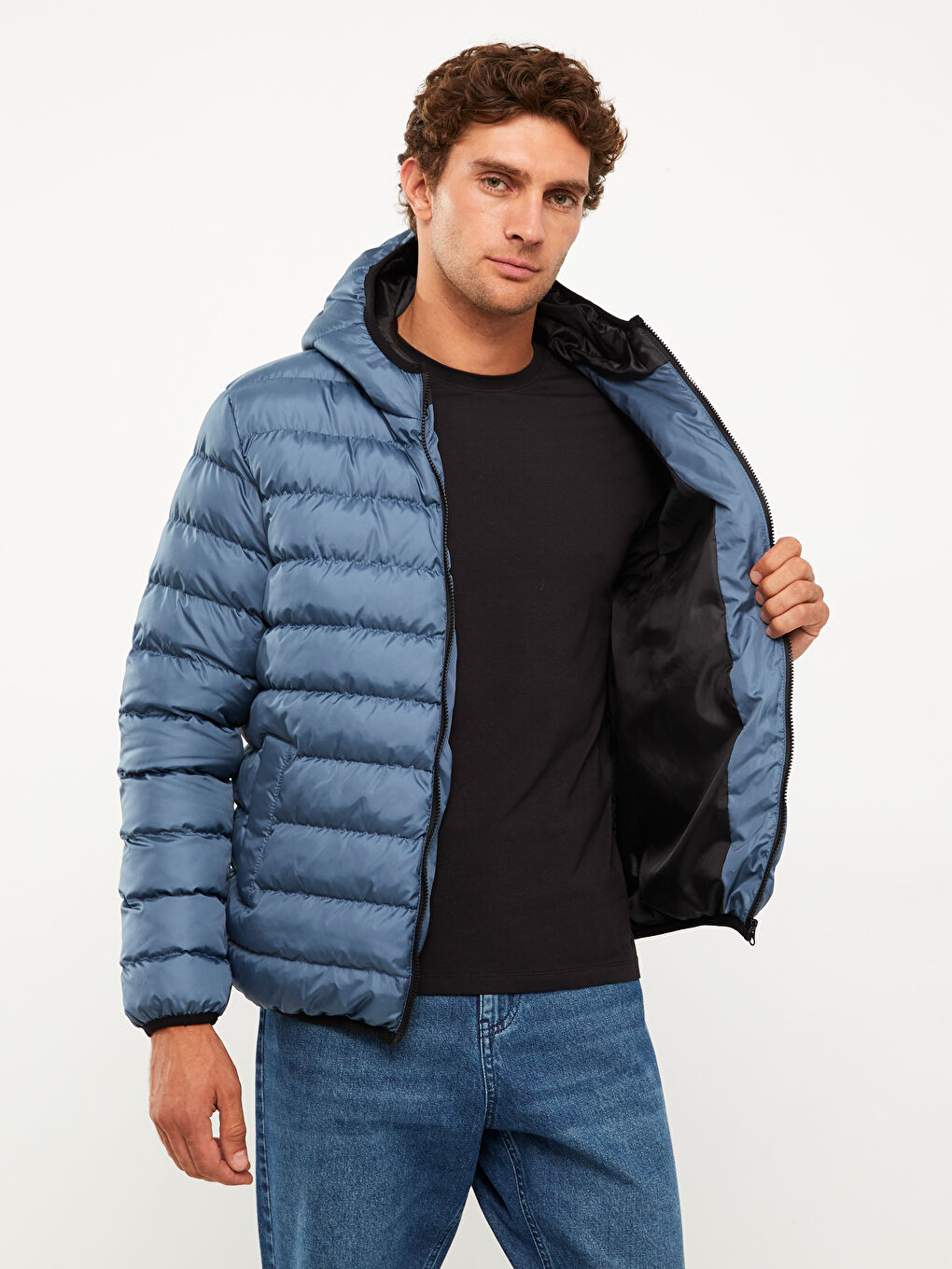 Mavi Standart Kalıp Kapüşonlu Erkek Şişme Mont-3