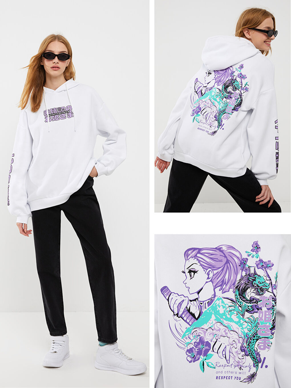 Beyaz Baskılı Kadın Kalın Hoodie