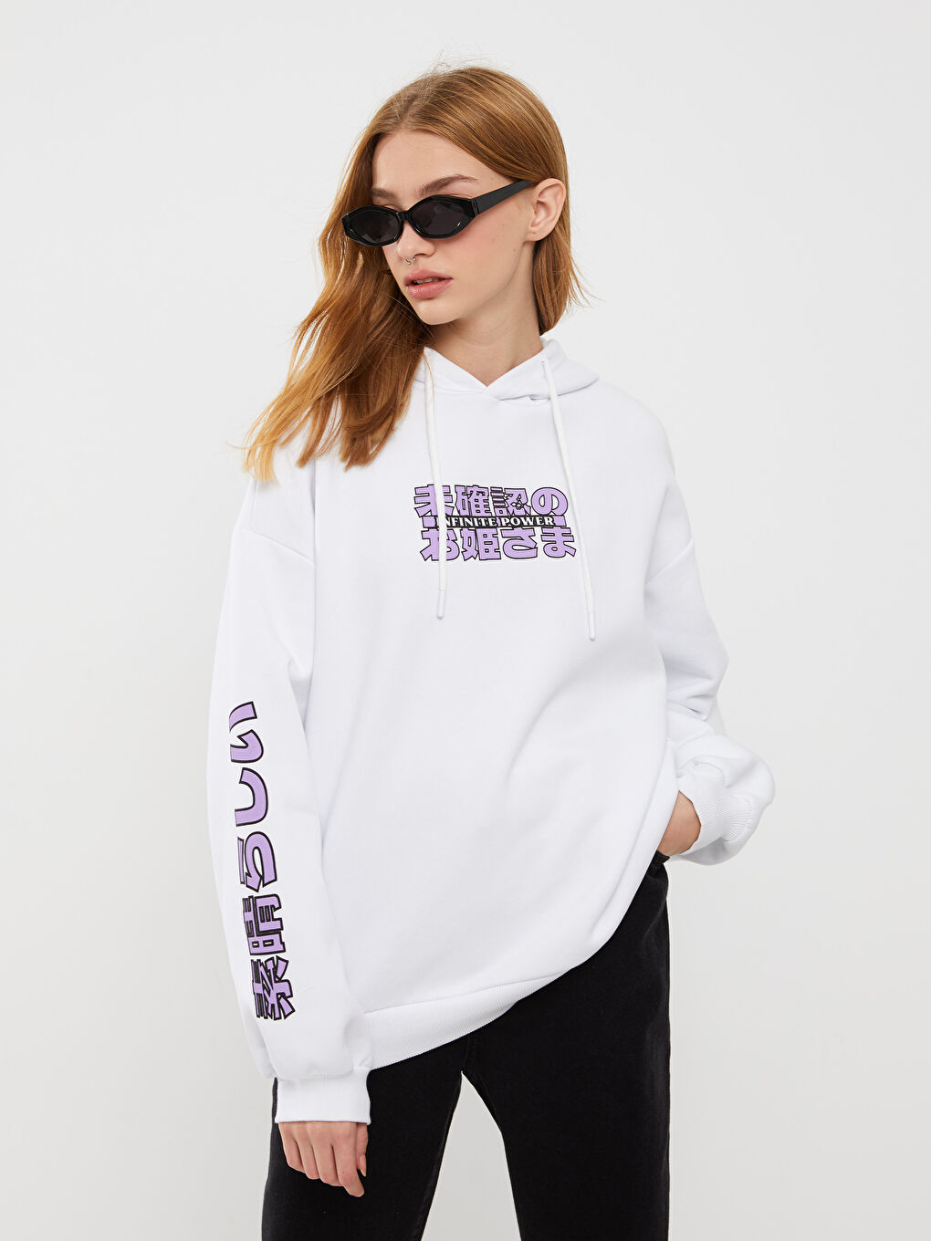 Beyaz Baskılı Kadın Kalın Hoodie-1