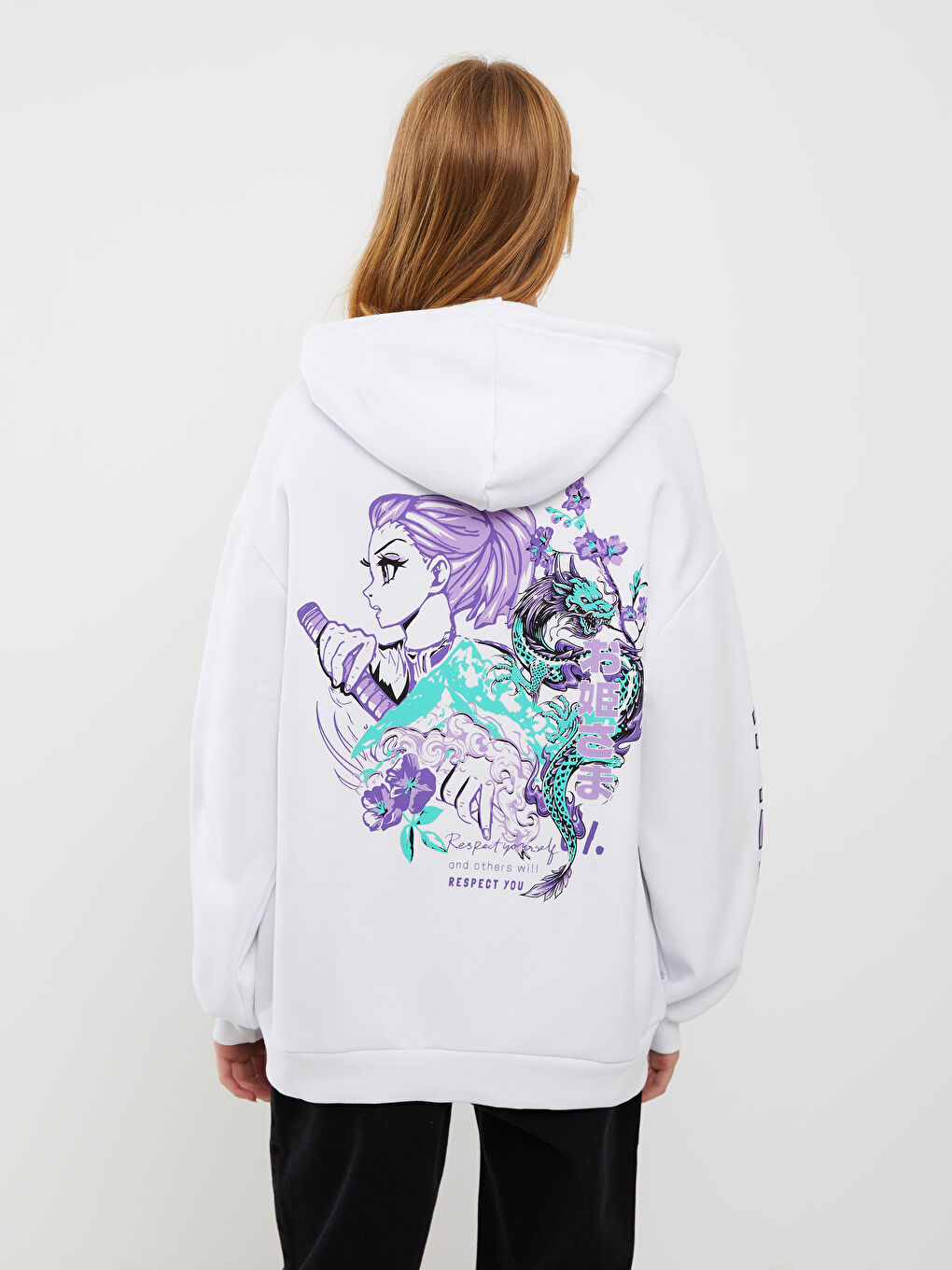 Beyaz Baskılı Kadın Kalın Hoodie-5