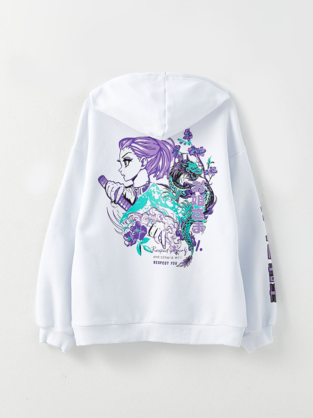 Beyaz Baskılı Kadın Kalın Hoodie-7