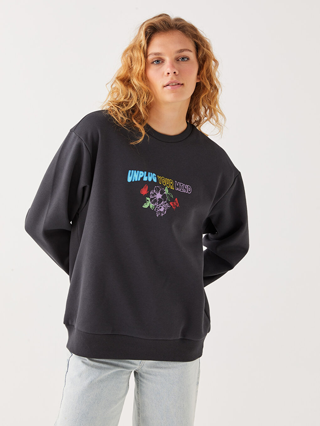 XSIDE Karbon Bisiklet Yaka Baskılı Kadın Kalın Sweatshirt - 1