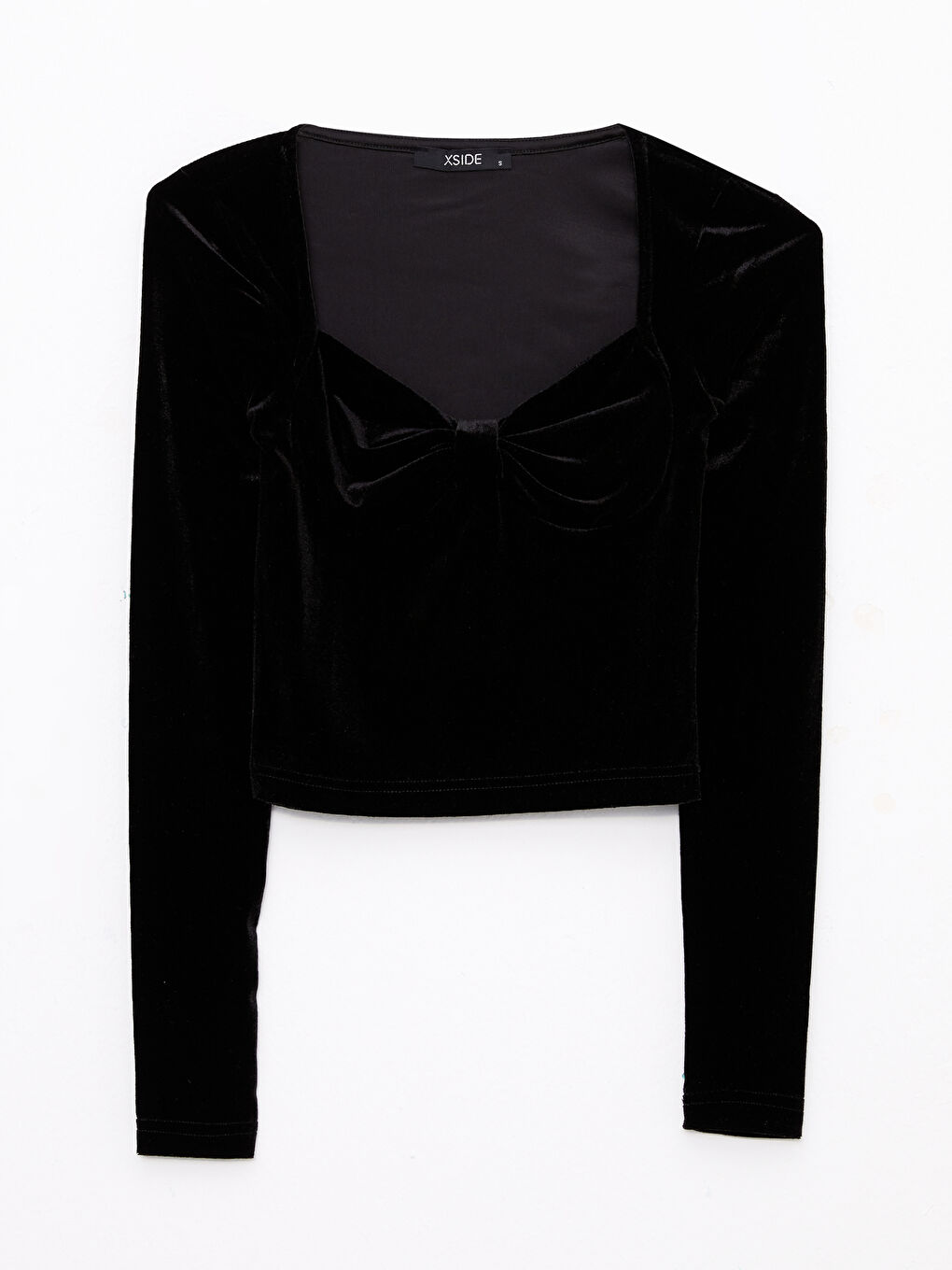 Siyah Kalp Yaka Düz Uzun Kollu Kadın Crop-9
