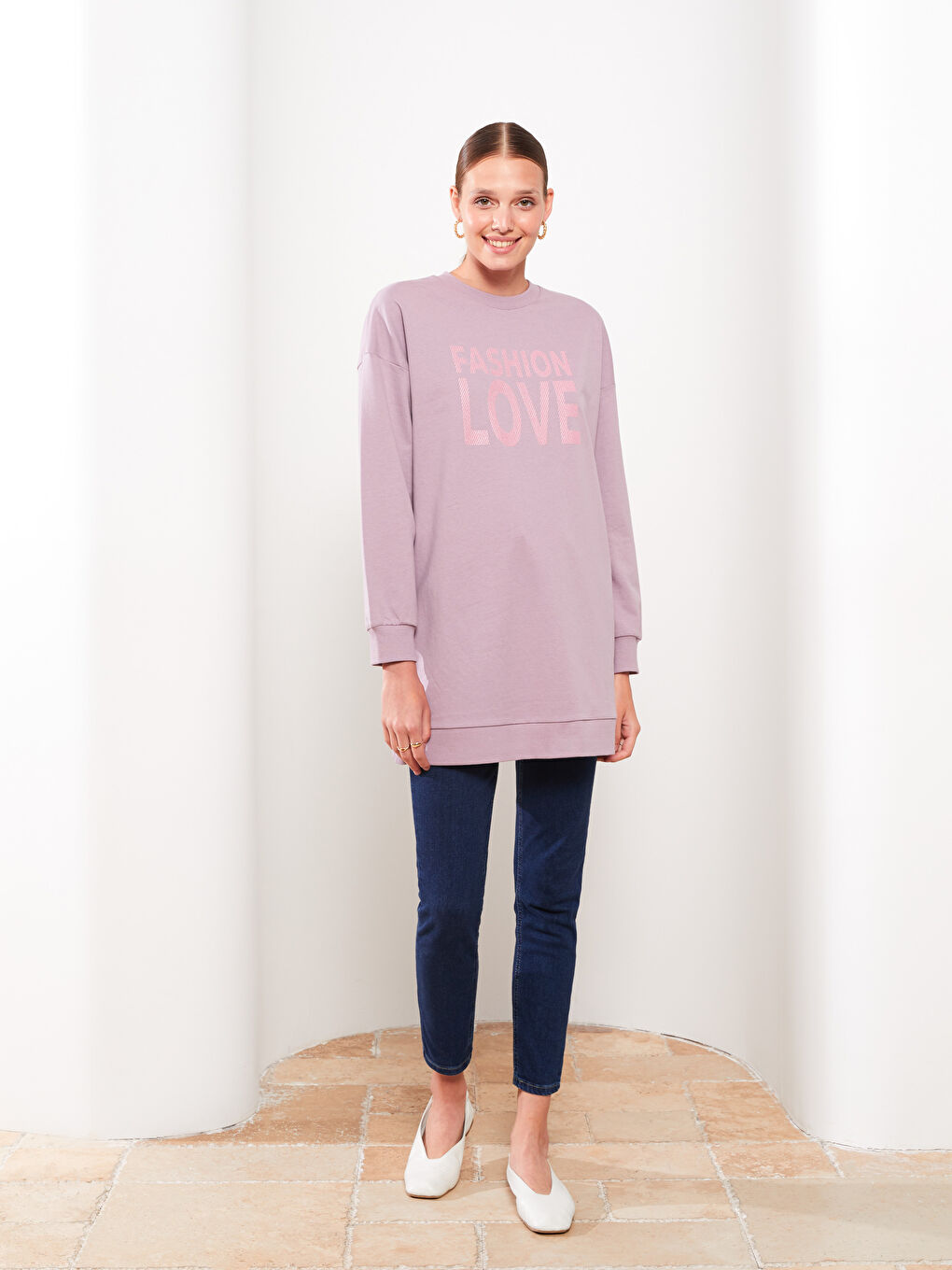 Lila Bisiklet Yaka Baskılı Uzun Kollu Oversize Kadın Sweatshirt Tunik