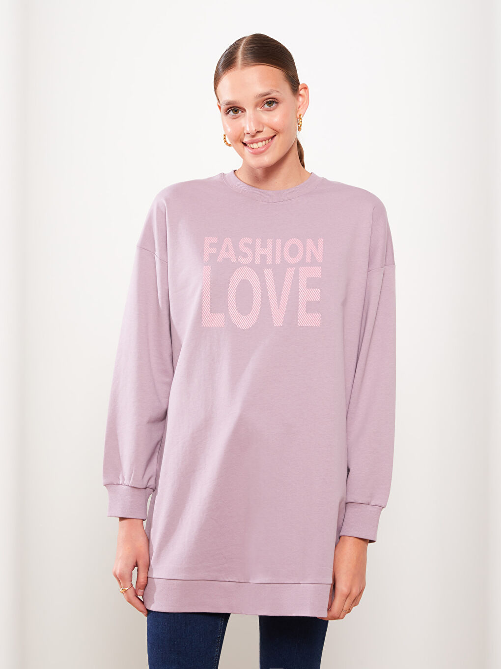 Lila Bisiklet Yaka Baskılı Uzun Kollu Oversize Kadın Sweatshirt Tunik-2