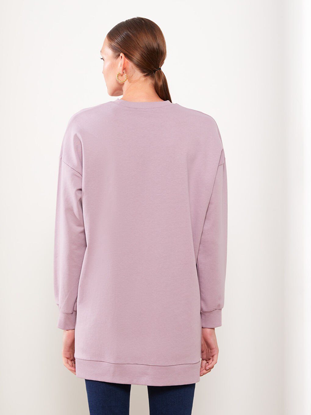 Lila Bisiklet Yaka Baskılı Uzun Kollu Oversize Kadın Sweatshirt Tunik-4