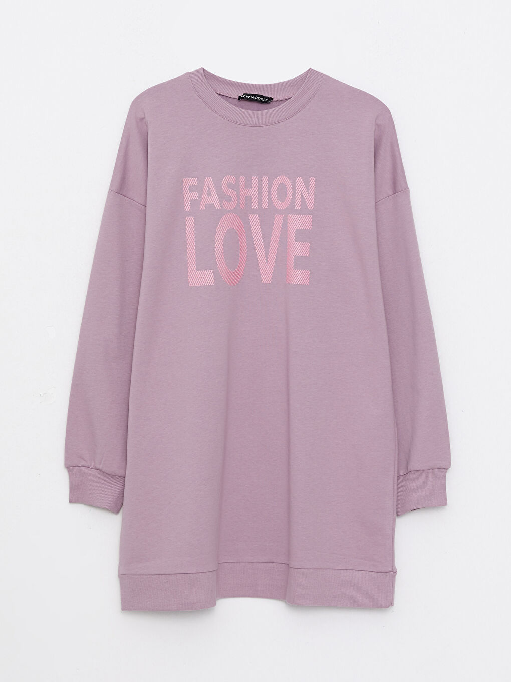 Lila Bisiklet Yaka Baskılı Uzun Kollu Oversize Kadın Sweatshirt Tunik-5