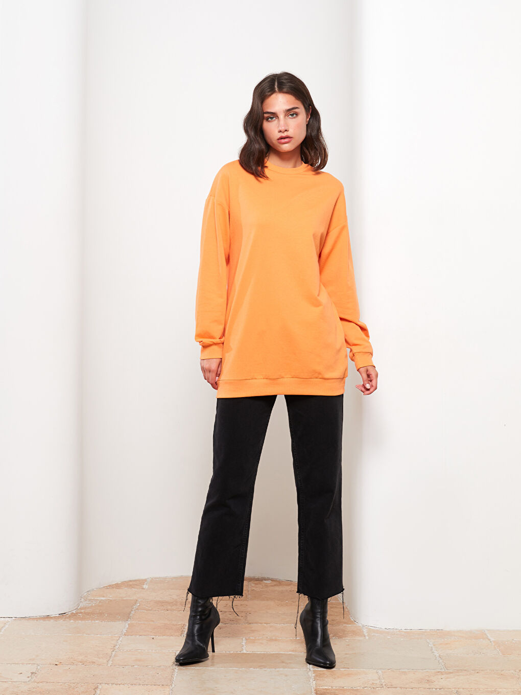 Turuncu Bisiklet Yaka Düz Uzun Kollu Kadın Sweatshirt Tunik