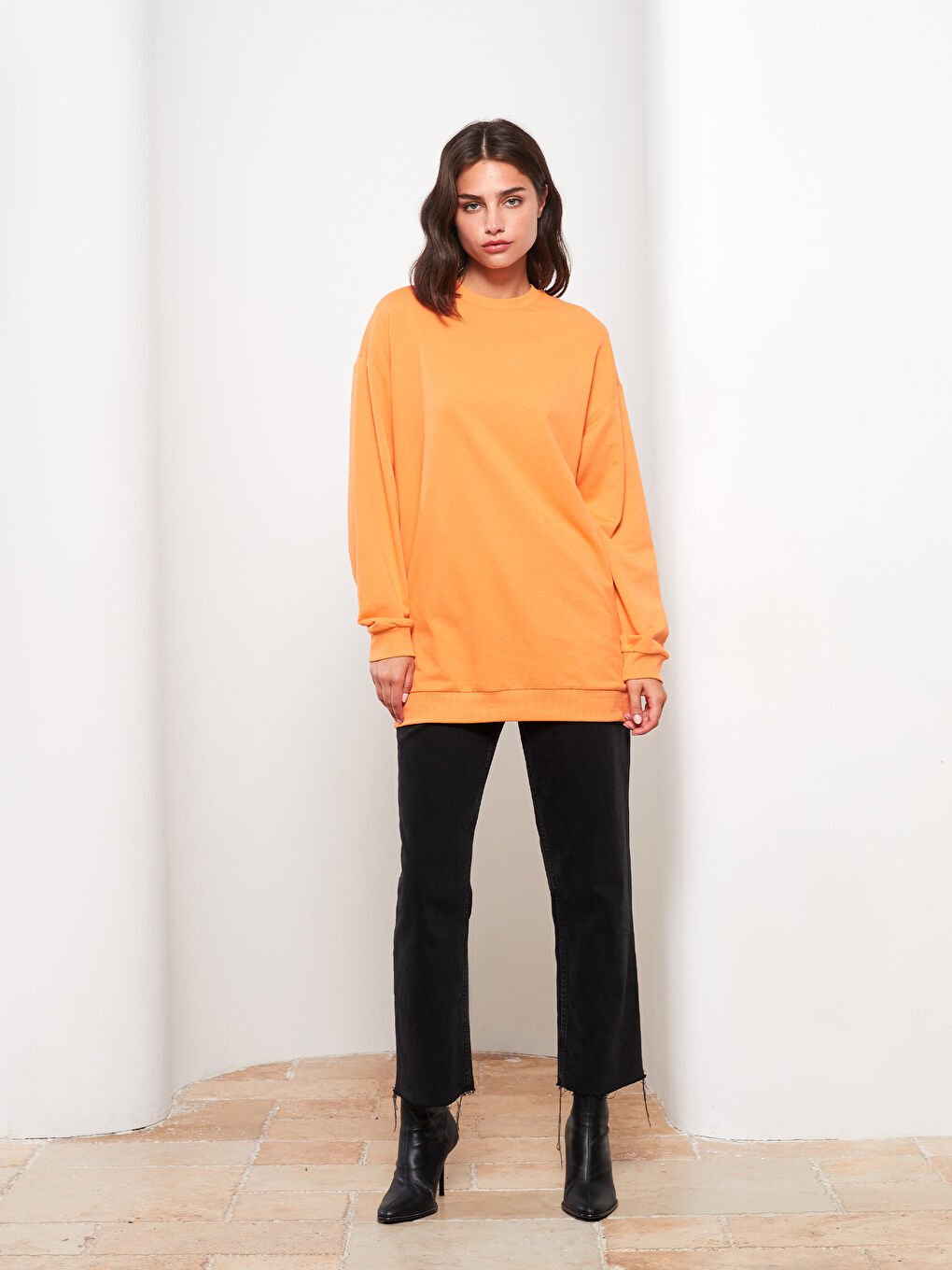 Turuncu Bisiklet Yaka Düz Uzun Kollu Kadın Sweatshirt Tunik-1