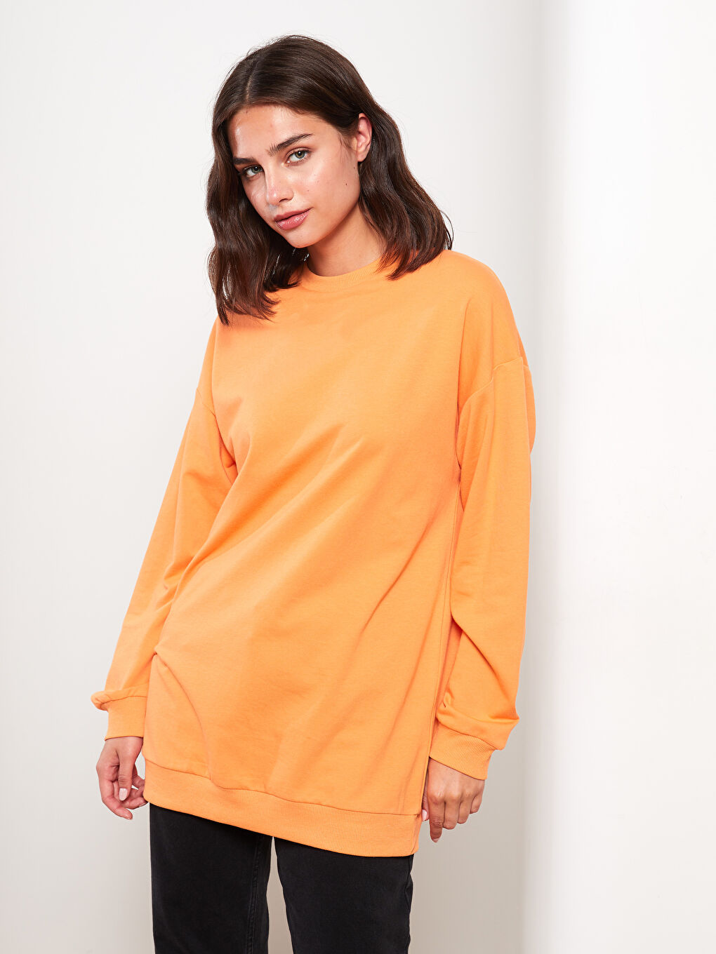 Turuncu Bisiklet Yaka Düz Uzun Kollu Kadın Sweatshirt Tunik-2