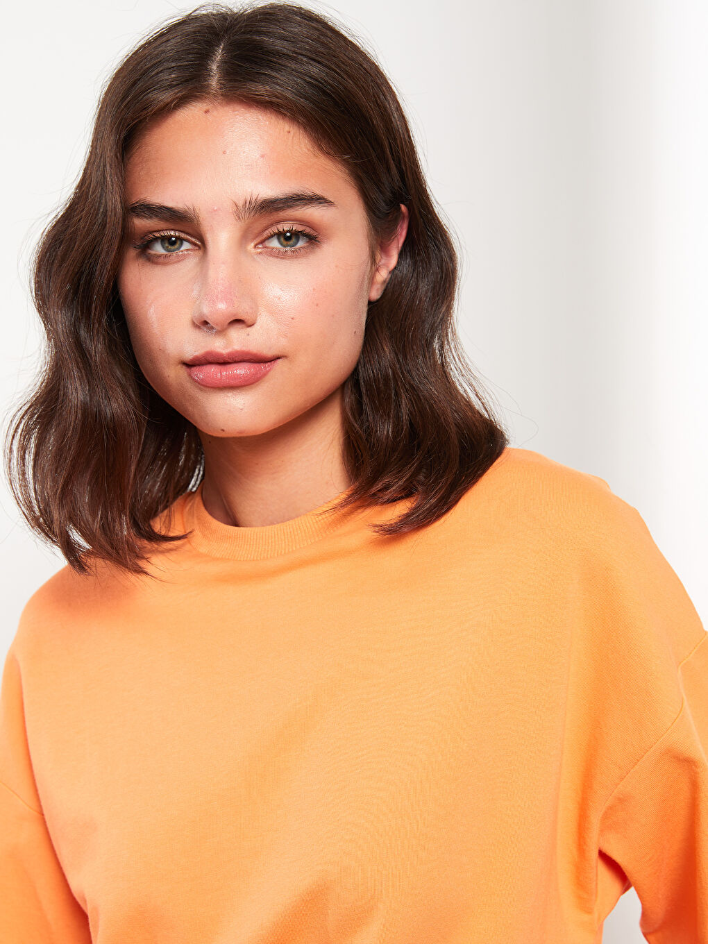 Turuncu Bisiklet Yaka Düz Uzun Kollu Kadın Sweatshirt Tunik-3