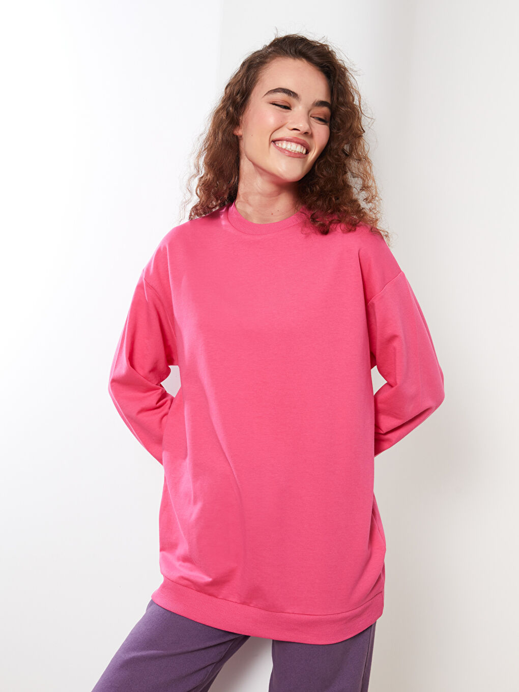 LCW Modest Orta Pembe Bisiklet Yaka Düz Uzun Kollu Kadın Sweatshirt Tunik