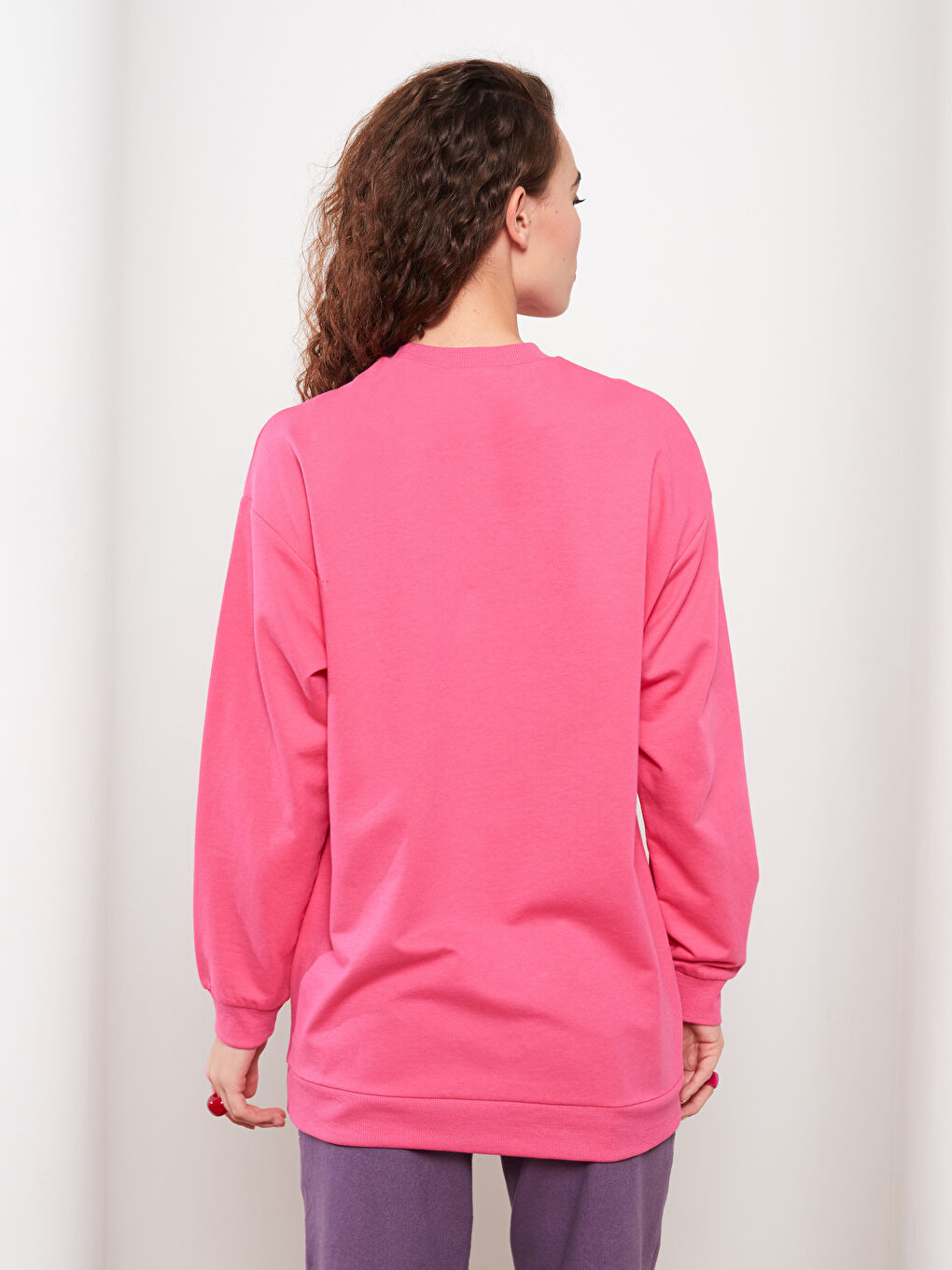 LCW Modest Orta Pembe Bisiklet Yaka Düz Uzun Kollu Kadın Sweatshirt Tunik - 4