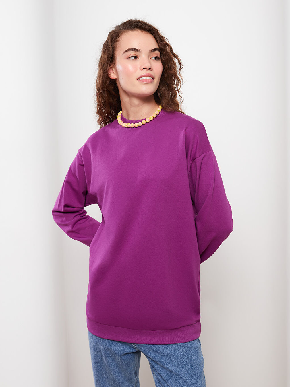 LCW Modest Mor Bisiklet Yaka Düz Uzun Kollu Kadın Sweatshirt Tunik - 1