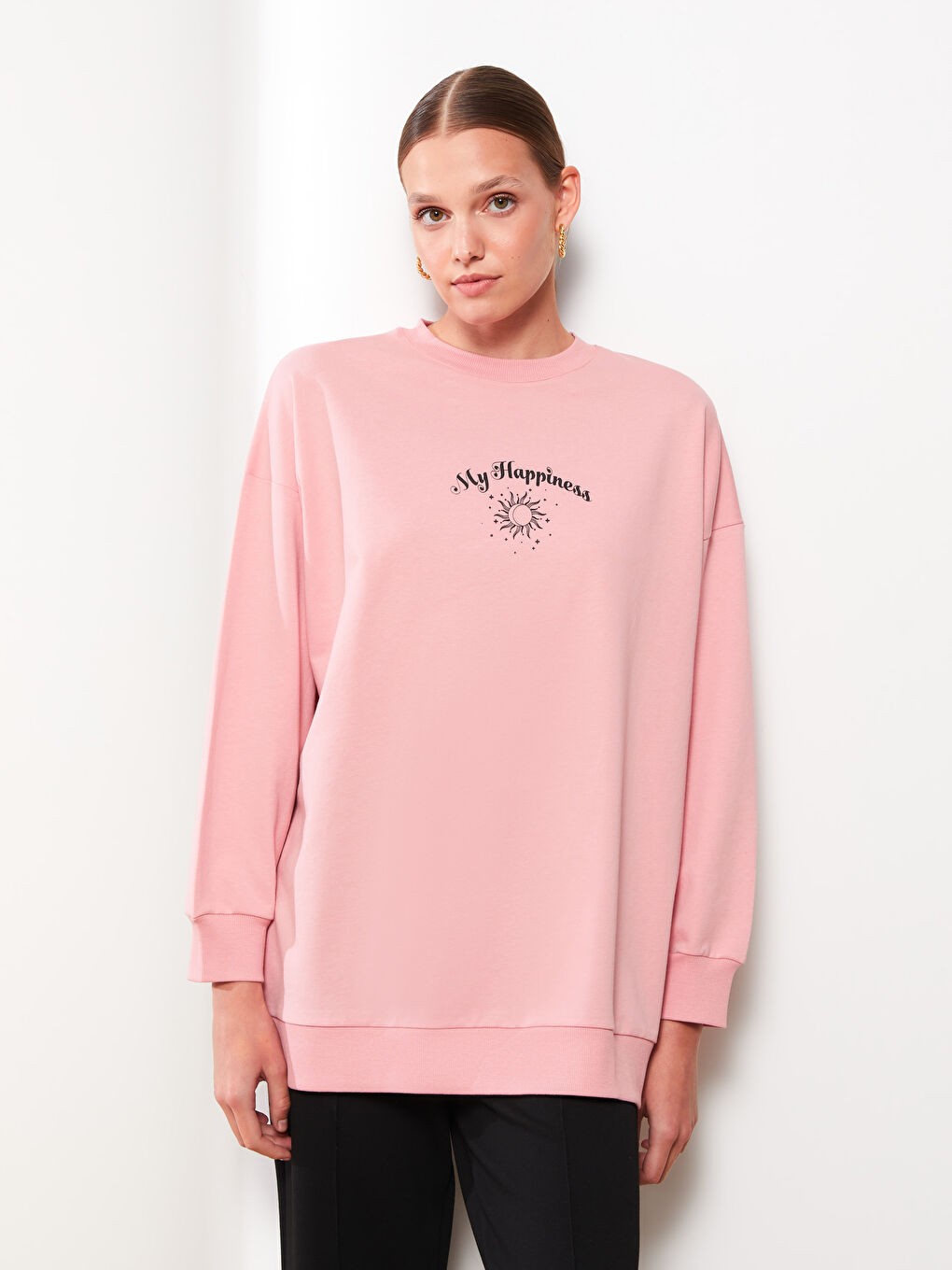 Pembe Bisiklet Yaka Baskılı Uzun Kollu Kadın Sweatshirt Tunik